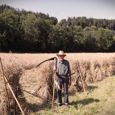 Als Zeitzeuge, er hat gezeigt, wie man früher mit Sense und Sichel Korn gemäht hat, da Hachei, Austragsbauer vom Steinhögl, Sepp Lohwieser.